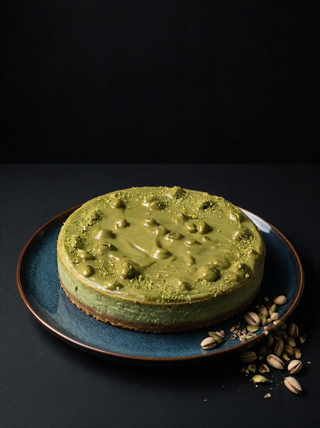 Pistachio Velvet cheesecake on a blue ceramic plate, scattered with pistachios