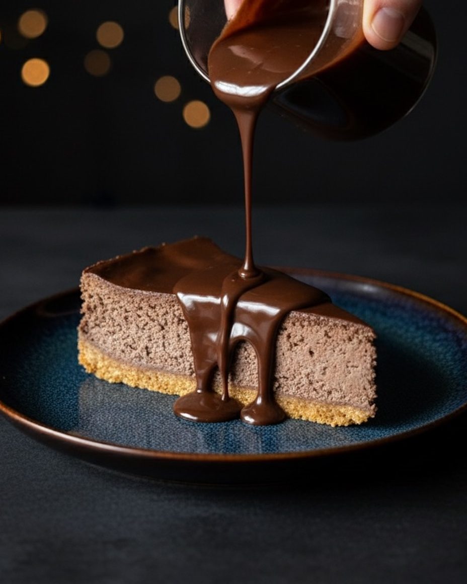 De la sauce au chocolat versée sur une part de cheesecake Chocolate Marble, sur une assiette bleu foncé
