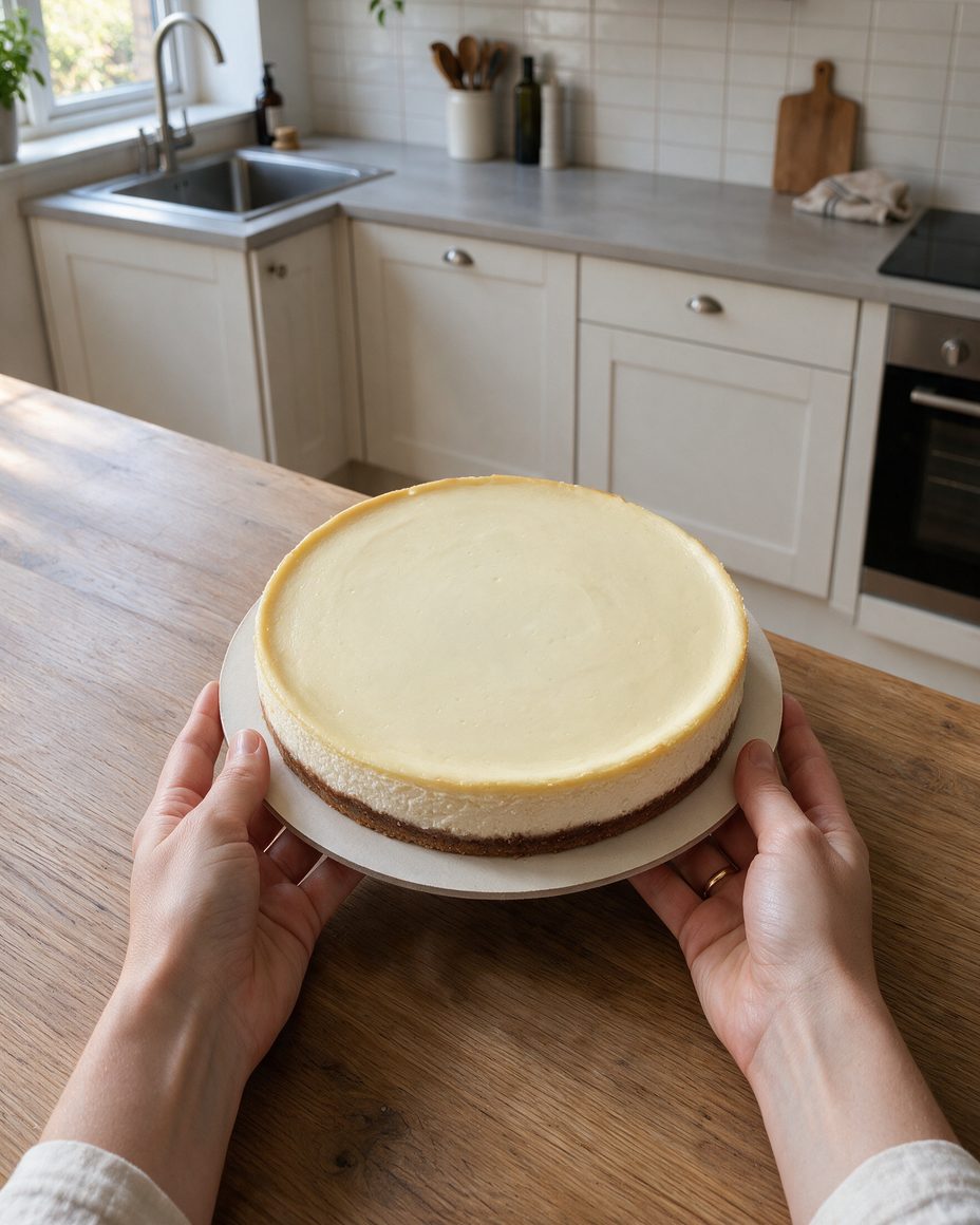 Des mains posent un cheesecake Classic New York entier sur une table en bois