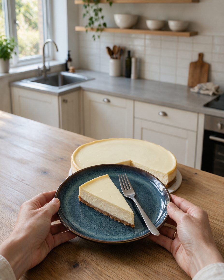 Des mains posent une assiette avec une part de cheesecake Classic New York et une fourchette