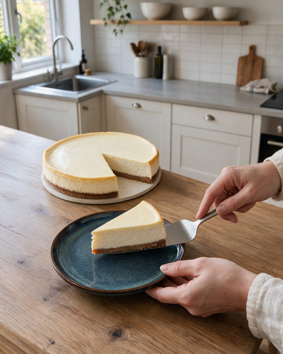 Des mains déposent une part de cheesecake Classic New York sur une assiette avec une pelle à tarte