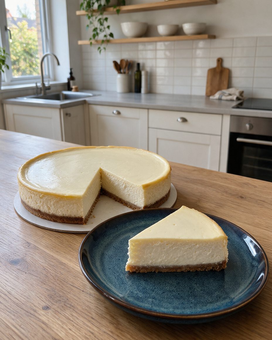 Cheesecake Classic New York entamé sur une table de cuisine en bois, avec une part sur une assiette bleu foncé