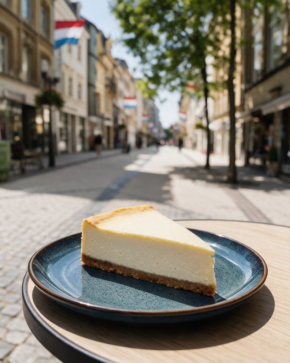Une part de cheesecake Classic New York sur une table de café dans une rue commerçante de Luxembourg-Ville