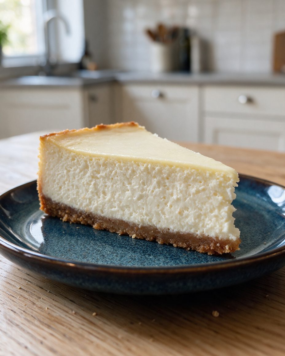 Gros plan d’une part de cheesecake Classic New York : garniture crémeuse et base de biscuits Digestive
