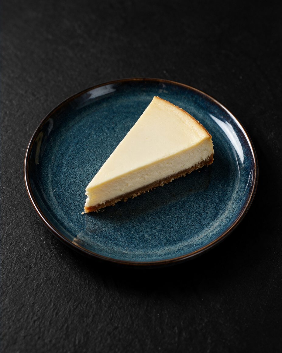 Une part de cheesecake Classic New York sur une assiette bleu foncé, vue de dessus