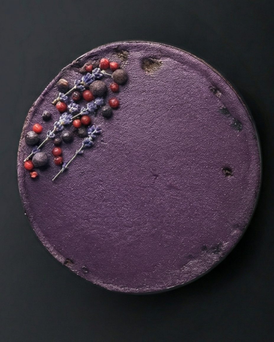 Cheesecake Forestberry entier vu de dessus sur un fond sombre, décoré de baies et de brins de lavande
