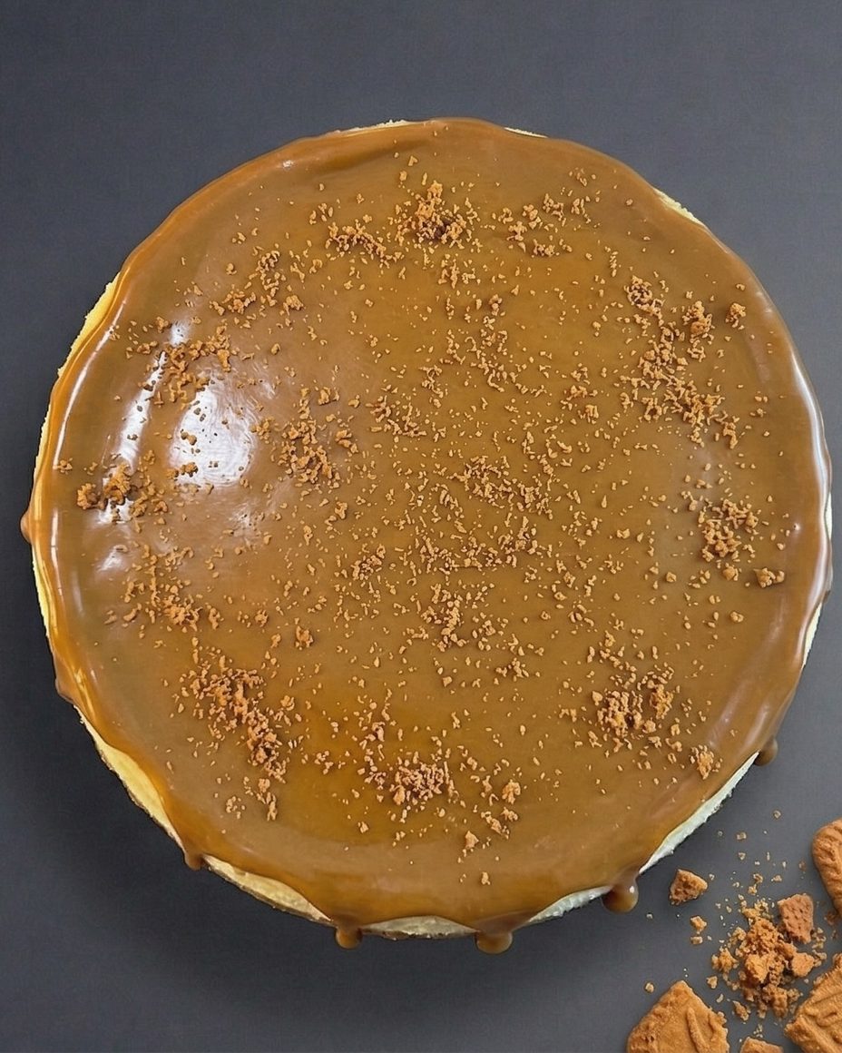 Lotus New York cheesecake, whole cake seen from above, with a glossy speculoos topping, crumbs and Lotus biscuits