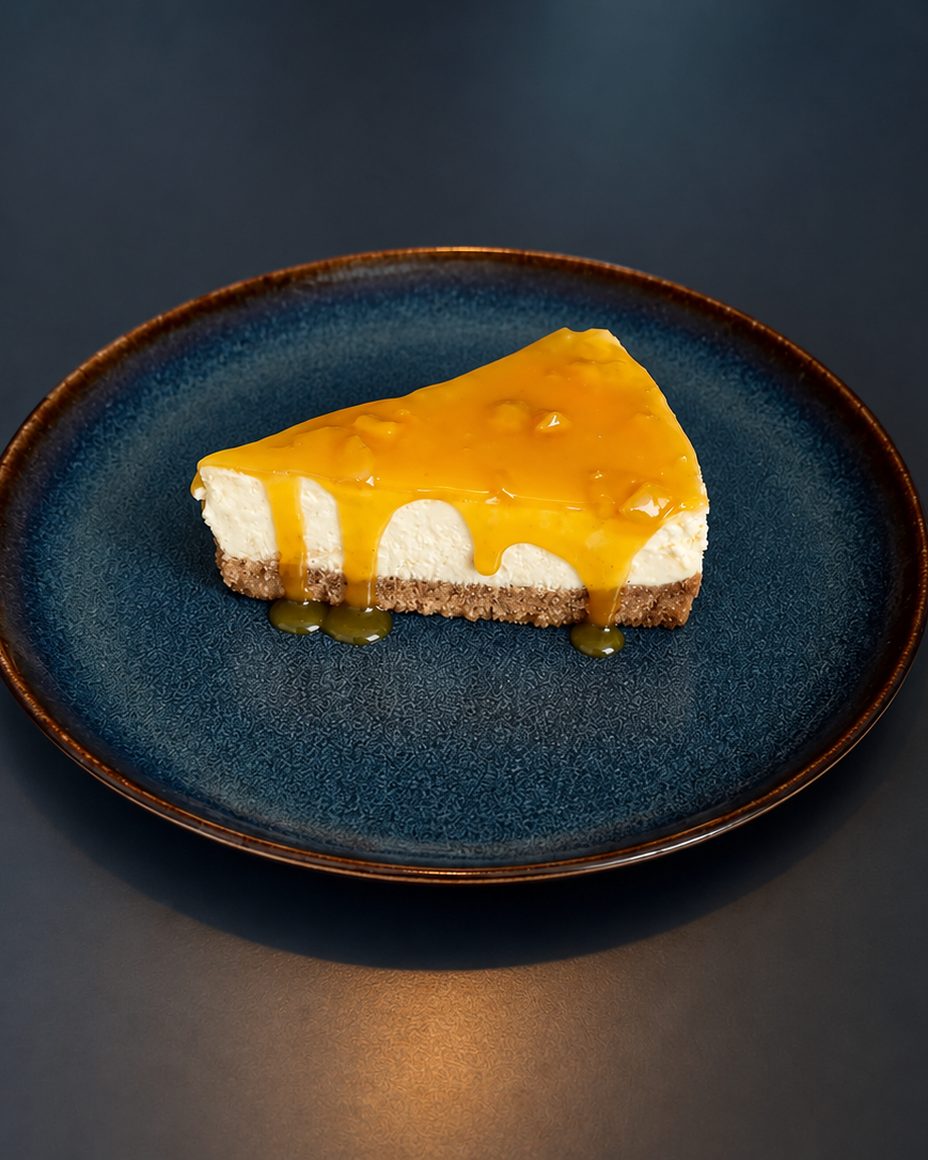 Une part de cheesecake Mango New York nappée de mangue sur une assiette bleu foncé
