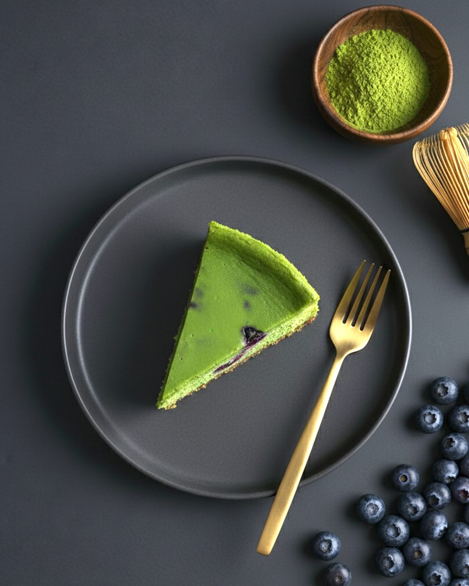 Une part de cheesecake Matcha Ceremony sur une assiette gris foncé avec une fourchette dorée, du matcha en poudre et des myrtilles