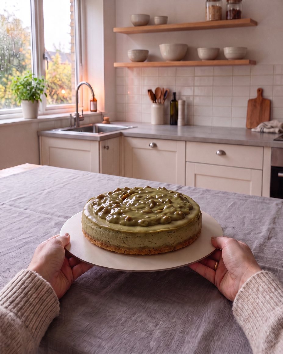 Hands holding a whole Pistachio Velvet cheesecake on its cake board