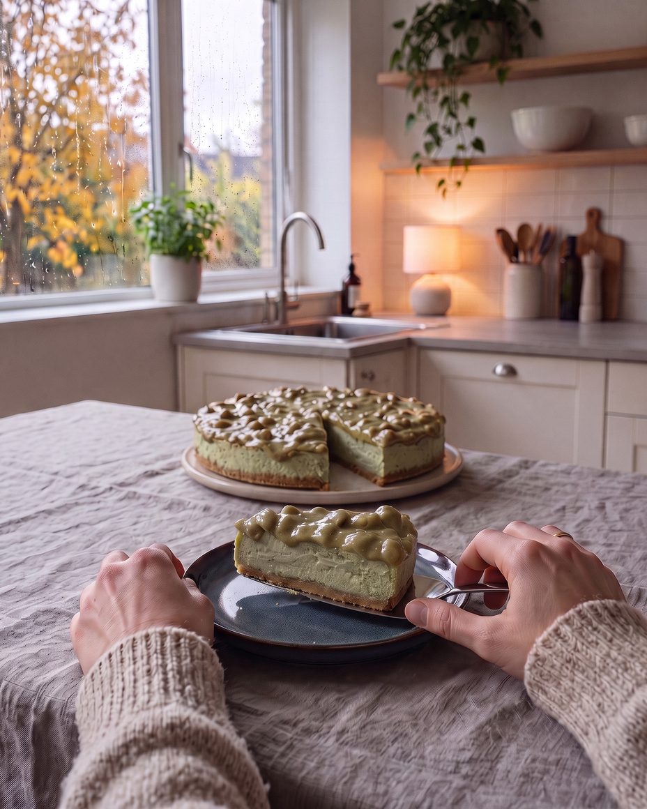 Hands setting a slice of Pistachio Velvet cheesecake on a plate with a cake server