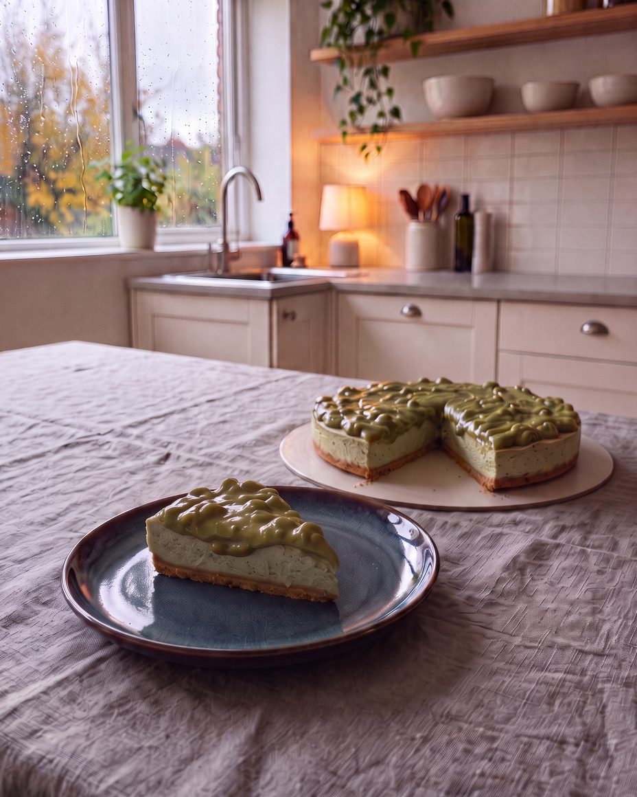 Pistachio Velvet cheesecake on a kitchen table, cut, with a slice on a dark blue plate