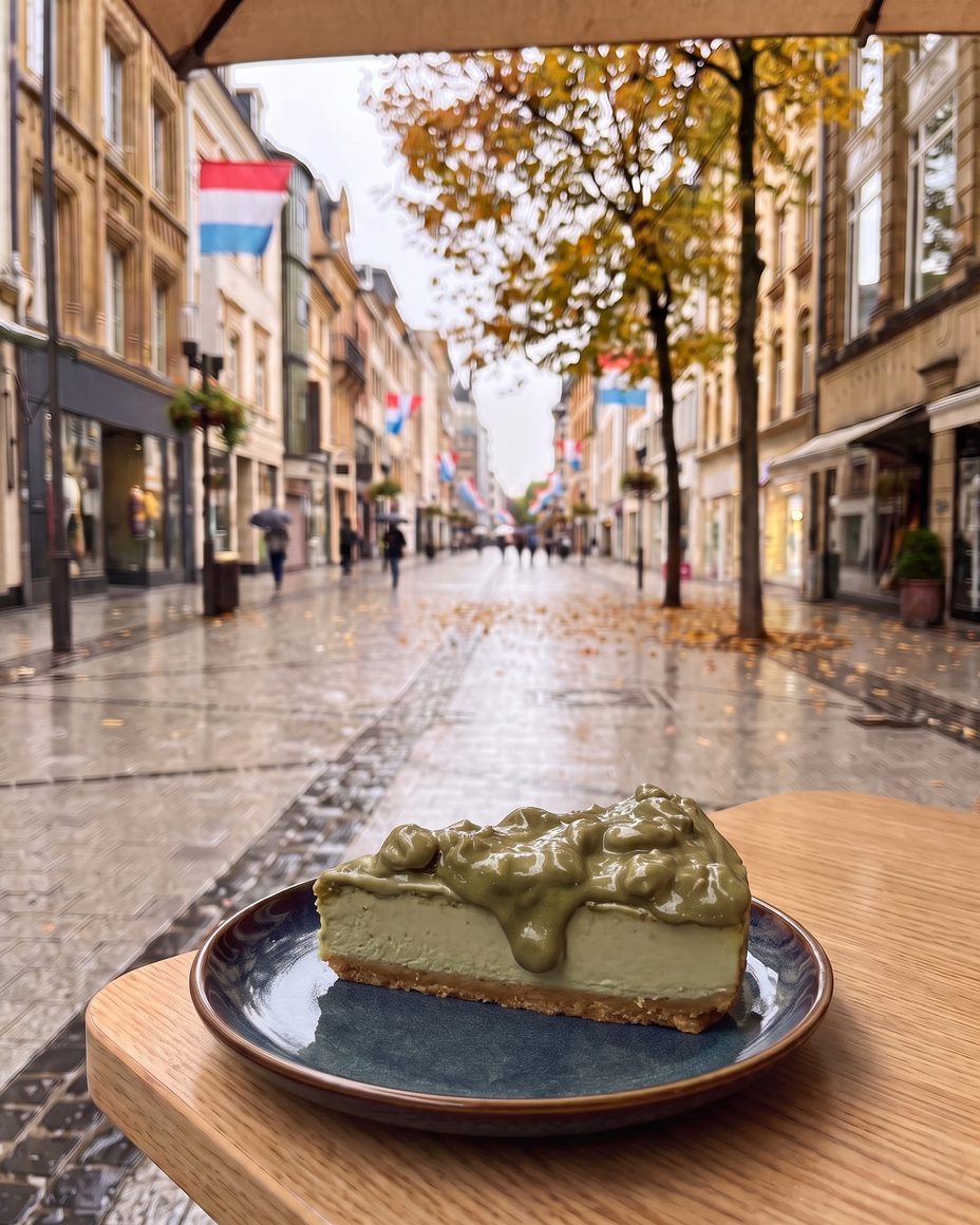 A slice of Pistachio Velvet cheesecake on a café table in a Luxembourg City shopping street on a rainy autumn day