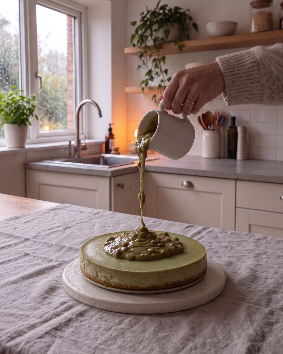 Pistachio sauce being poured over a whole Pistachio Velvet cheesecake