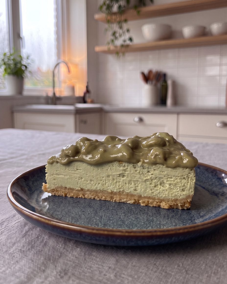 Close-up of a slice of Pistachio Velvet: pistachio filling, digestive biscuit base and pistachio sauce