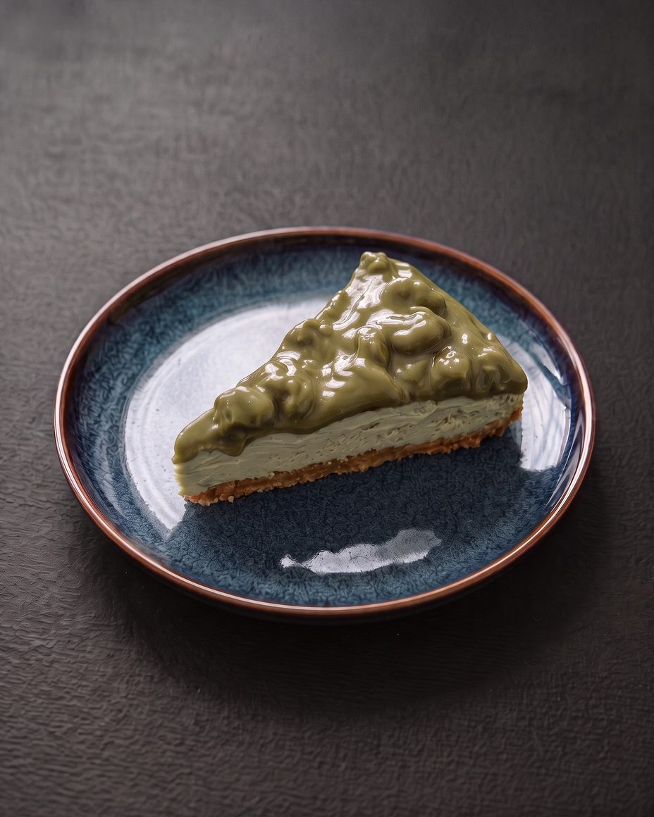 A slice of Pistachio Velvet cheesecake on a dark blue plate