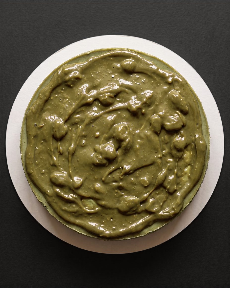 Whole Pistachio Velvet cheesecake covered with pistachio sauce, seen from above