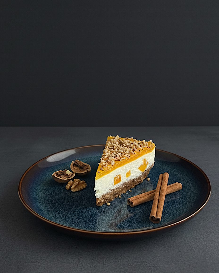 Une part de cheesecake Pumpkin New York sur une assiette bleu foncé, avec des bâtons de cannelle et des noix