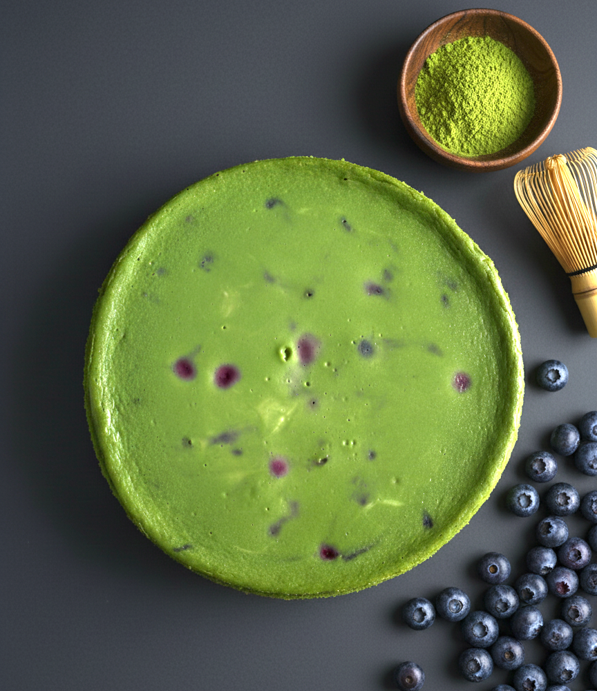 Matcha cheesecake with vibrant green topping